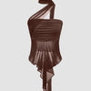 Y2K-inspired ruched bandeau sleeveless top in rich cocoa brown, featuring an asymmetrical sheer overlay and a detachable scarf