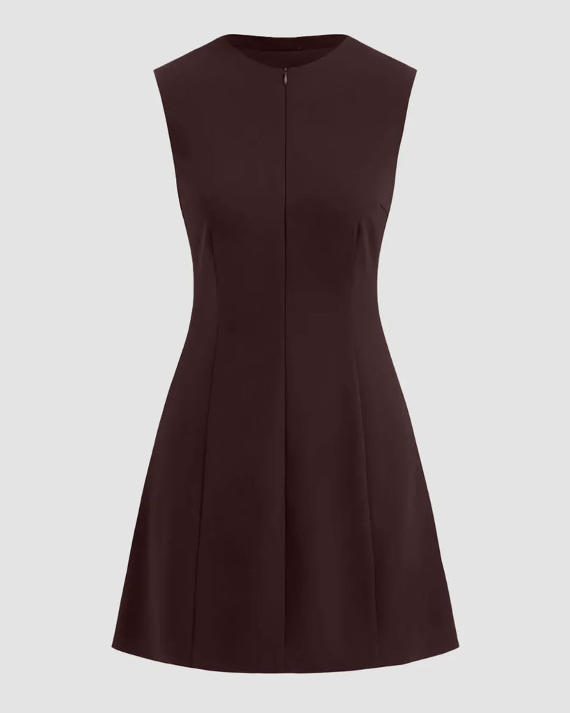 Dark brown sleeveless A-line mini dress with a zip front, named Chocolate Fondae.