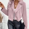 Front view of Pink zip front jacket with lapel collar, long sleeves, and cropped fit styled with black trousers for a chic look.