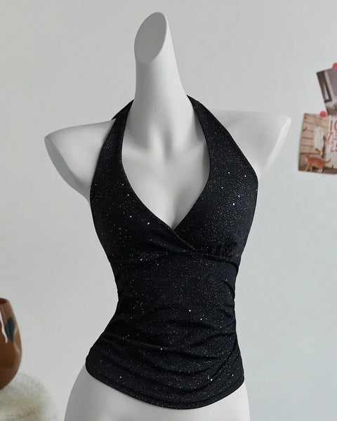 Halter Neck Ruched Shimmer Stretch Top in Black