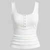 A white ribbed tank top with a scoop neckline and button-down front.