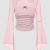 Square Neck Bow Decorated Long Sleeve Light Pink Top