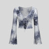 Floral Print Tie Front V-Neck Bell Sleeve Mesh Crop Top