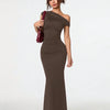 Brown Asymmetrical Neck Bodycon Maxi Dress