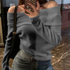 Solid Color Open Shoulder Off-Shoulder Knit Top in Black Melange
