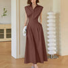 Elegant Collared Sleeveless Midi Dress in Brown