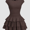 Ruched Waist Tiered Ruffle Mini Dress in Chocolate