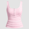 A baby pink ribbed tank top with a scoop neckline and button-down front.