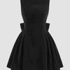 Velvet Boat Neck Bowknot Backless Short Midi Dress In Black