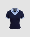 Contrast Collar V-Neck Knit Fitted Top in Navy Blue