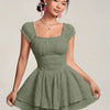Square Neck Double Layer Short Sleeve Dress In Green