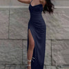Navy Blue Ruched Spaghetti Strap Slit Maxi Dress