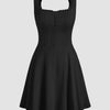 Square Neck Fit & Flare A-Line Mini Dress in Black