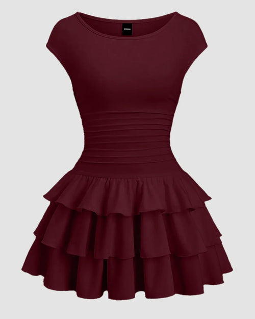 Ruched Waist Tiered Ruffle Mini Dress in Cherry