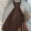 Brown Polka Dot Print Spaghetti Strap Sleeveless A-Line Midi Dress