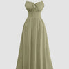 Spaghetti Strap Ruched Bust A-Line Maxi Dress in Herbal
