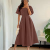 Minimalist Pleated Hem A Line Dress With Puff Sleeves in Brown