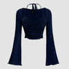 Halter Neck Tie Back Ruched Bell Sleeve Navy Blue Cropped Top