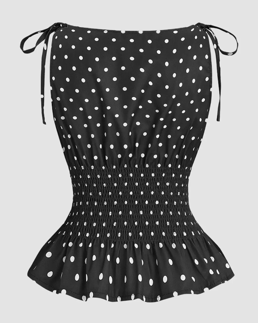 Black Polka Dot Ruched Boat Neck Top With Shoulder Tie Detail
