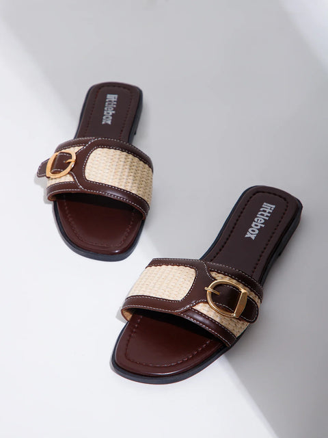 Brown & Beige Colorblocked Buckle Strap Sandals