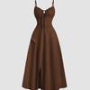 Color High Split Casual Spaghetti Strap Midi Dress In English Brown