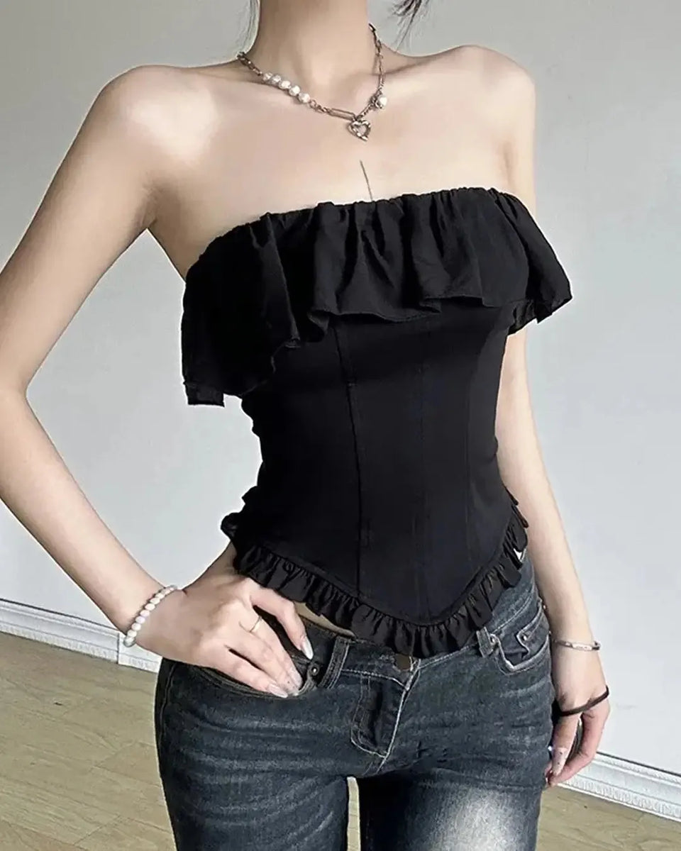 Flower applique backless corset tube top