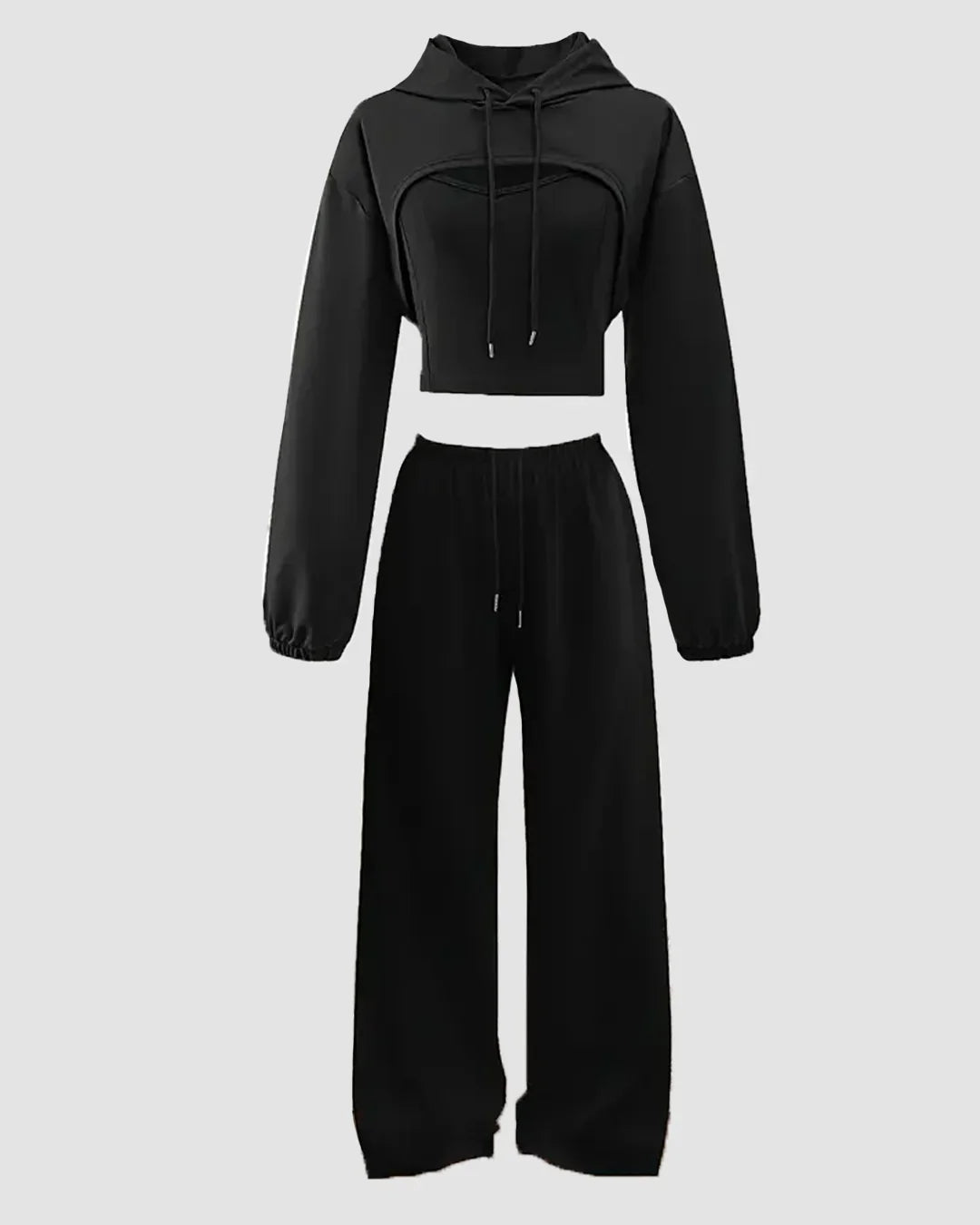 Crop Top & Hoodie with Wide-Leg Trousers Co-ords Set in Black