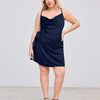 Satin Cowl Neck Solid Knotted Zipper Mini Dress Curve & Plus in Navy Blue