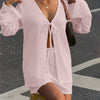 Textured V-Neck Tie Front Long Sleeve Top and Shorts Set in Pink
