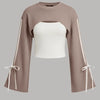 Side Striped Bowknot Sweatshirt & Solid Cropped Cami Top In Camel And White