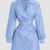 Blue Striped Wrap Front Collared Mini Dress