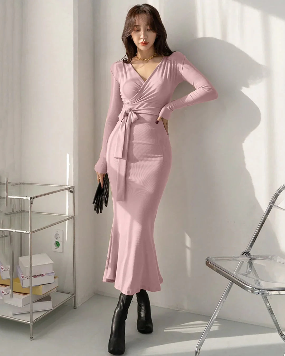 Dusty Pink Wrap Bodycon Midi Dress with Tie Waist
