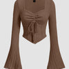 Ruched Front Square Neck Full Sleeve Top in Smokey Brown