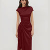Asymmetrical Neck Twist Split Midi Dress in Red