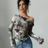 Abstract Print Asymmetrical Neck Long Sleeve Fitted Top