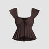 Ruffled Sleeve Tie Front Peplum Top in Brown