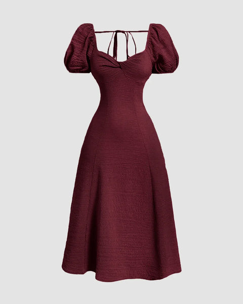 Summer Elegant Solid Color Puff Sleeve Cinch Waist Dress In Maroon