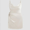 Satin Cowl Neck Solid Knotted Zipper Mini Dress Curve & Plus