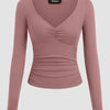 Ruched V-Neck Full Sleeve Top in Dusty Pink