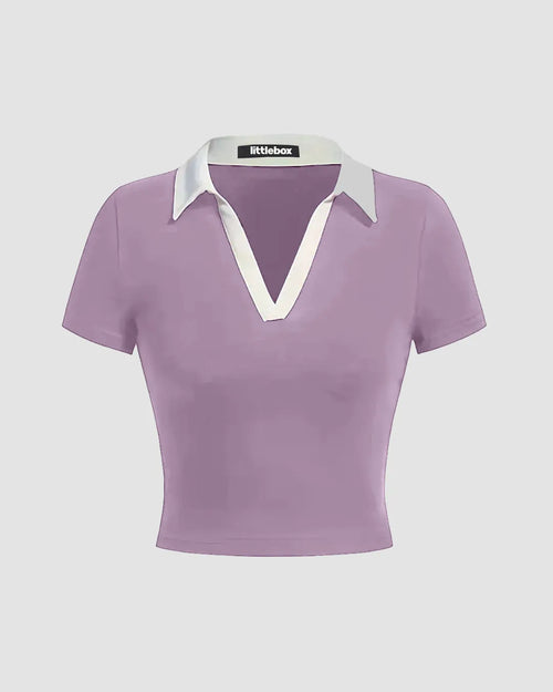 Color Block Knitted Tight-fitting Lilac T-shirt With Contrast Collar