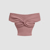 Dusty pink off-shoulder crop top with soft ribbed knit fabric and a twist-front detail for a flattering, minimal look.