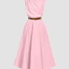 Draped Neck Belted A-Line Sleeveless Midi Dress in Rose Pink Without Belt