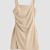 Sleeveless Square Neck Ruched Asymmetric Mini Dress in Light Khaki