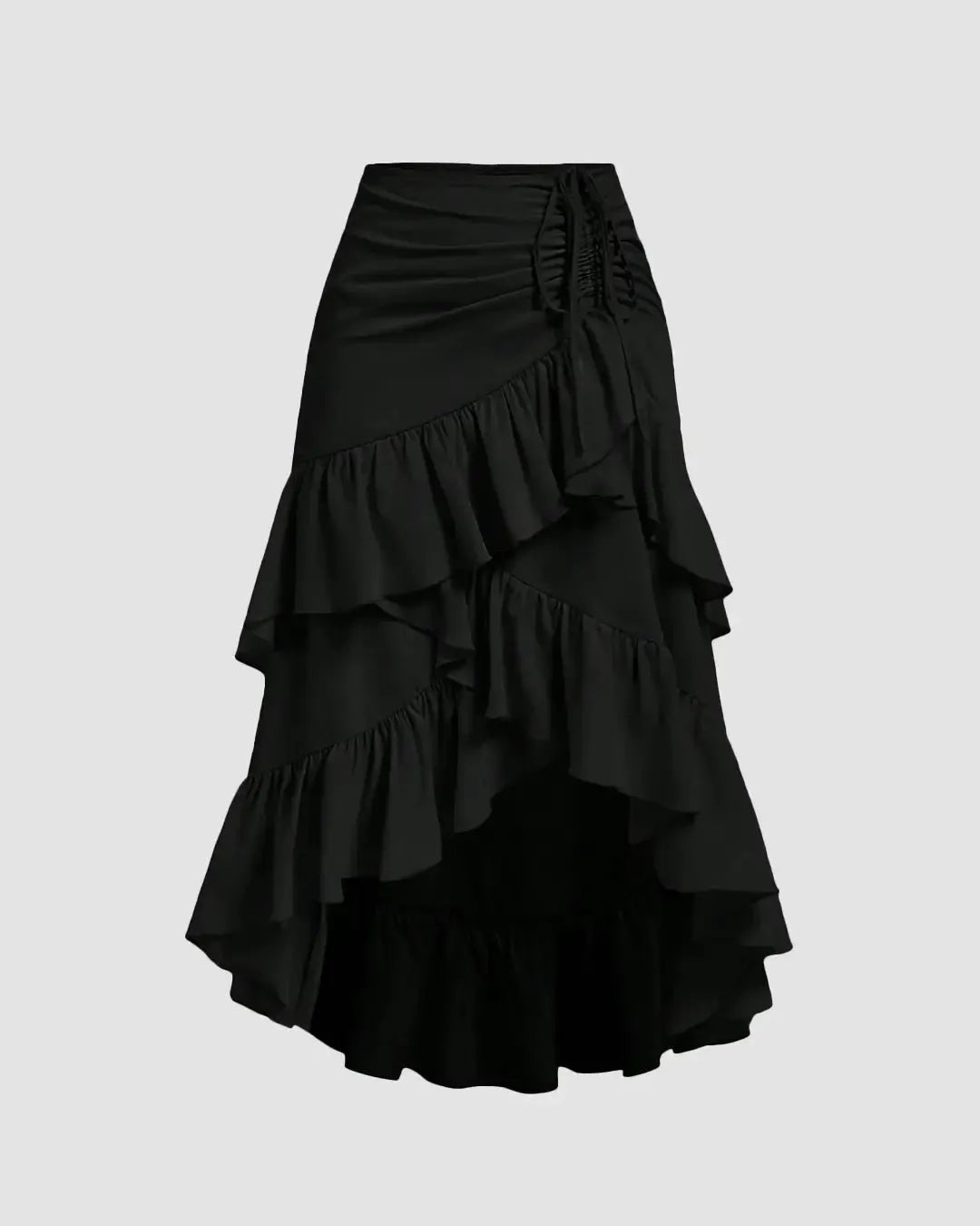 High-Low Ruffled Layered Drawstring Black Skirt