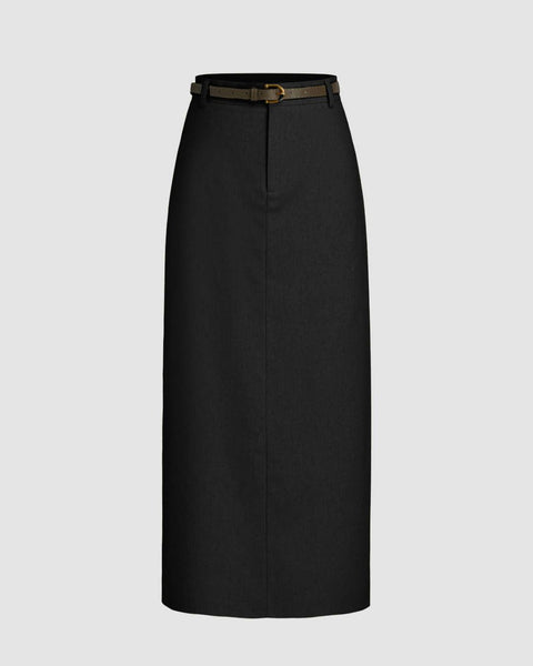 front view A black skirt featuring a stylish belt, showcasing a chic and modern design suitable for various occasions