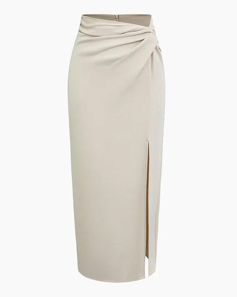 front view a women's beige pencil skirt featuring a stylish side slit, perfect for both professional and casual setting