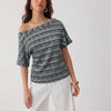 Off Shoulder Striped Knit Crop Top in Sky Blue