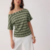 Off Shoulder Striped Knit Crop Top in Sage Green