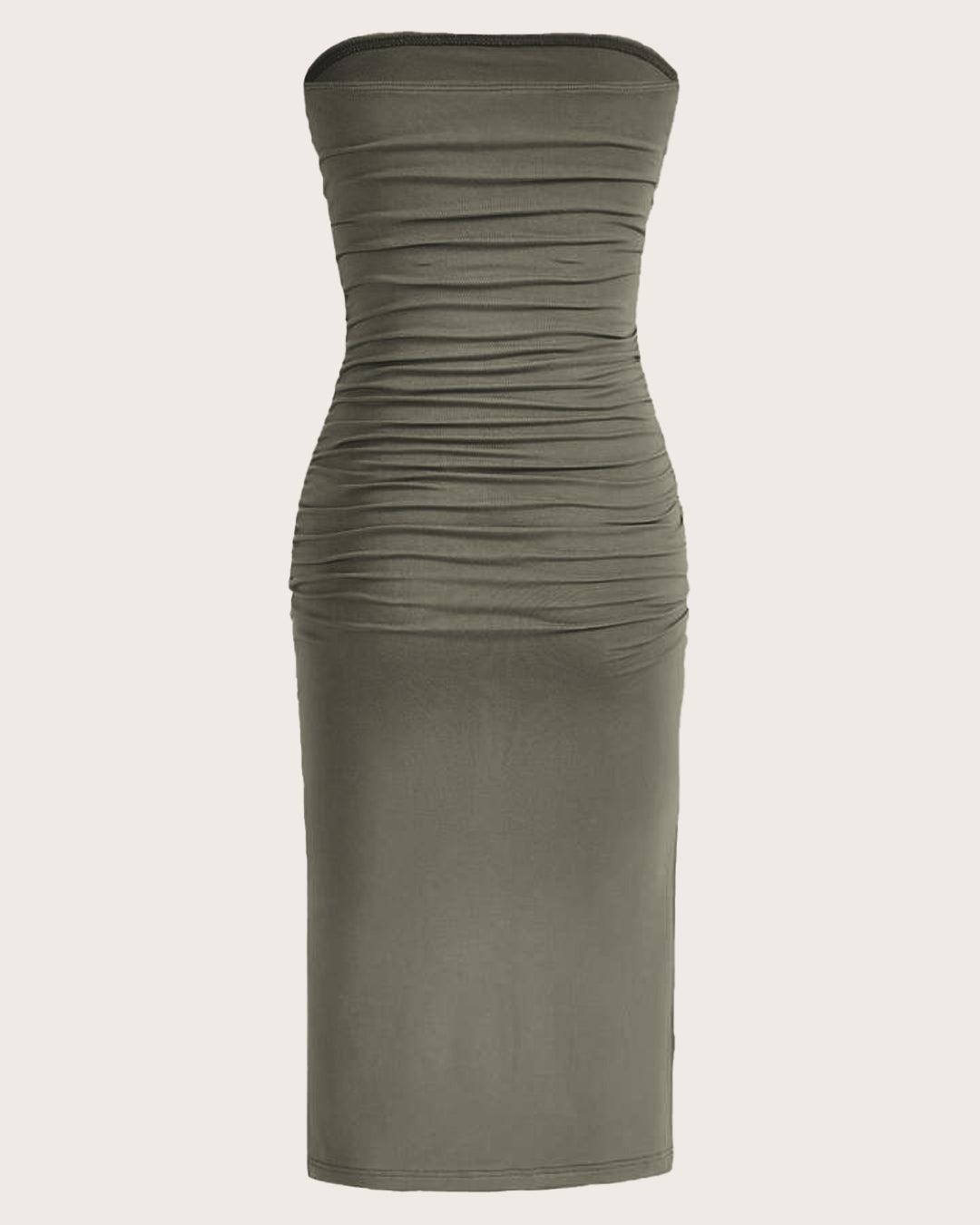 Bodycon Rear View Ruched Strapless Bodycon Tube Dress In Green - Littlebox India