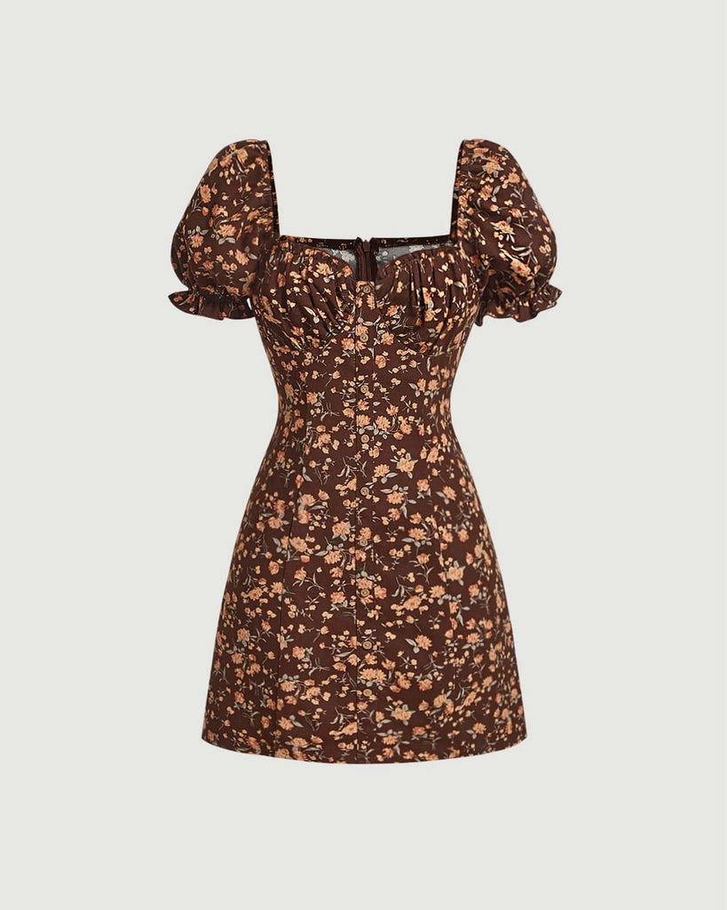 Floral Printed Sweetheart Short Chestnut Brown Dress